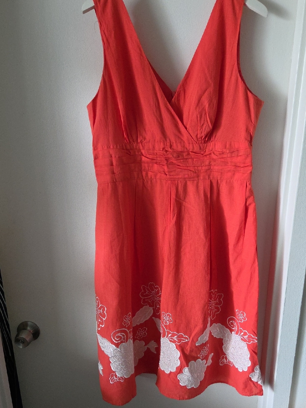 Dressbarn Women’s Coral V-Neck Sundress with White Floral Embroidery